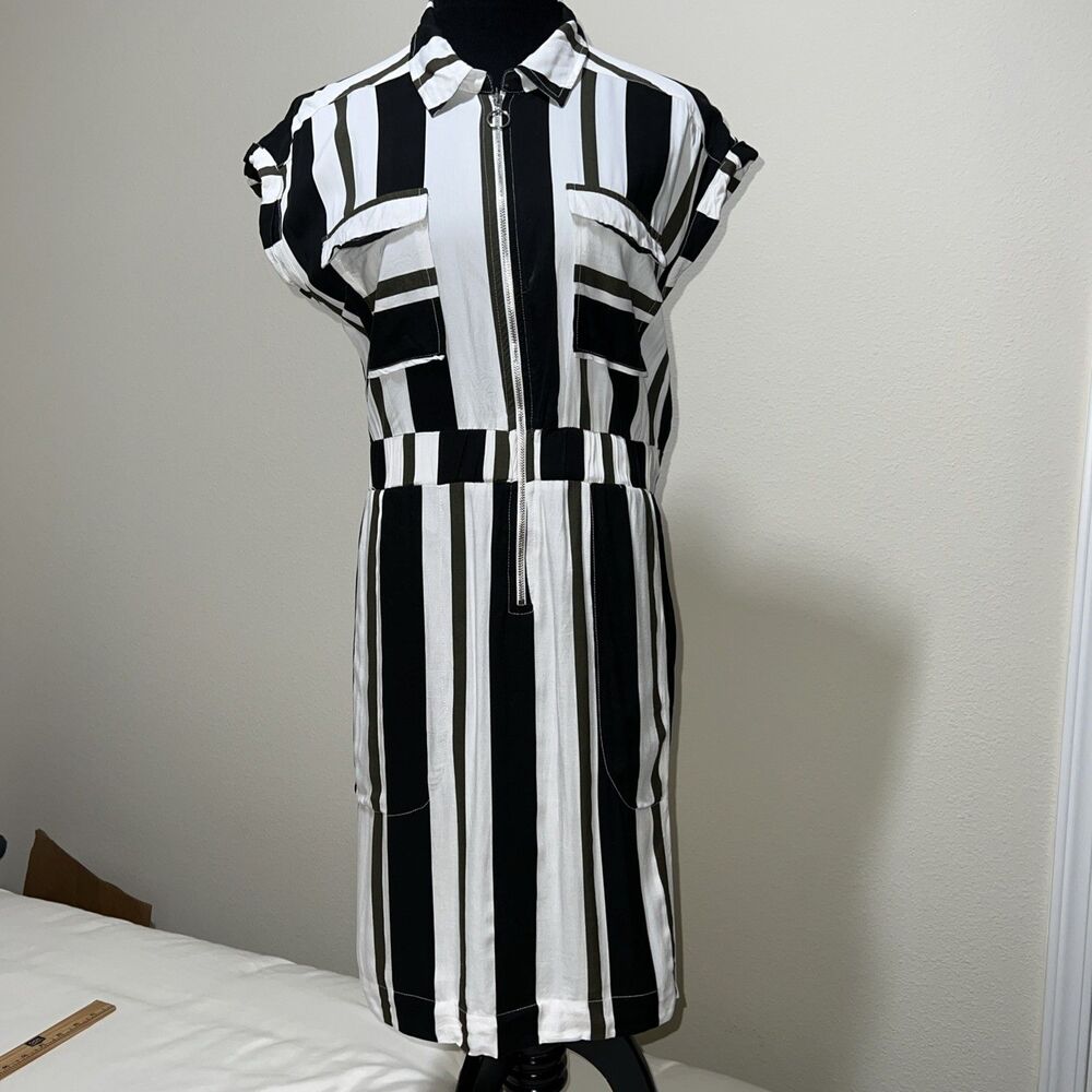 Tally Weijl Shirt Dress L Navy Khaki White Stripes Metal Zip Front Pockets Tie